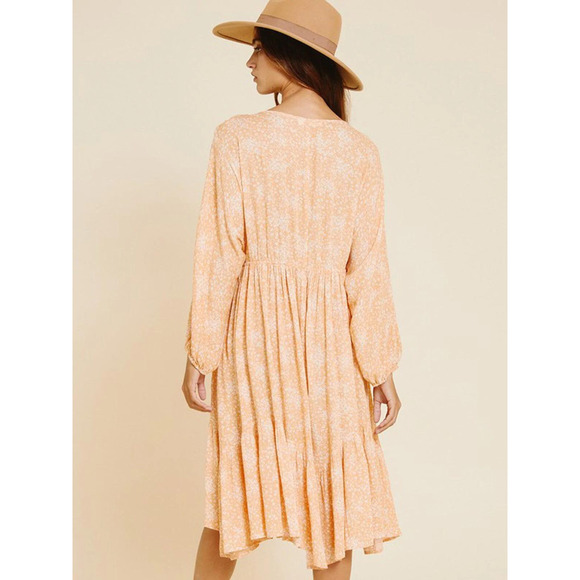Peach Floral Print Long Sleeve V-Neck Midi Dress M - Picture 3 of 4
